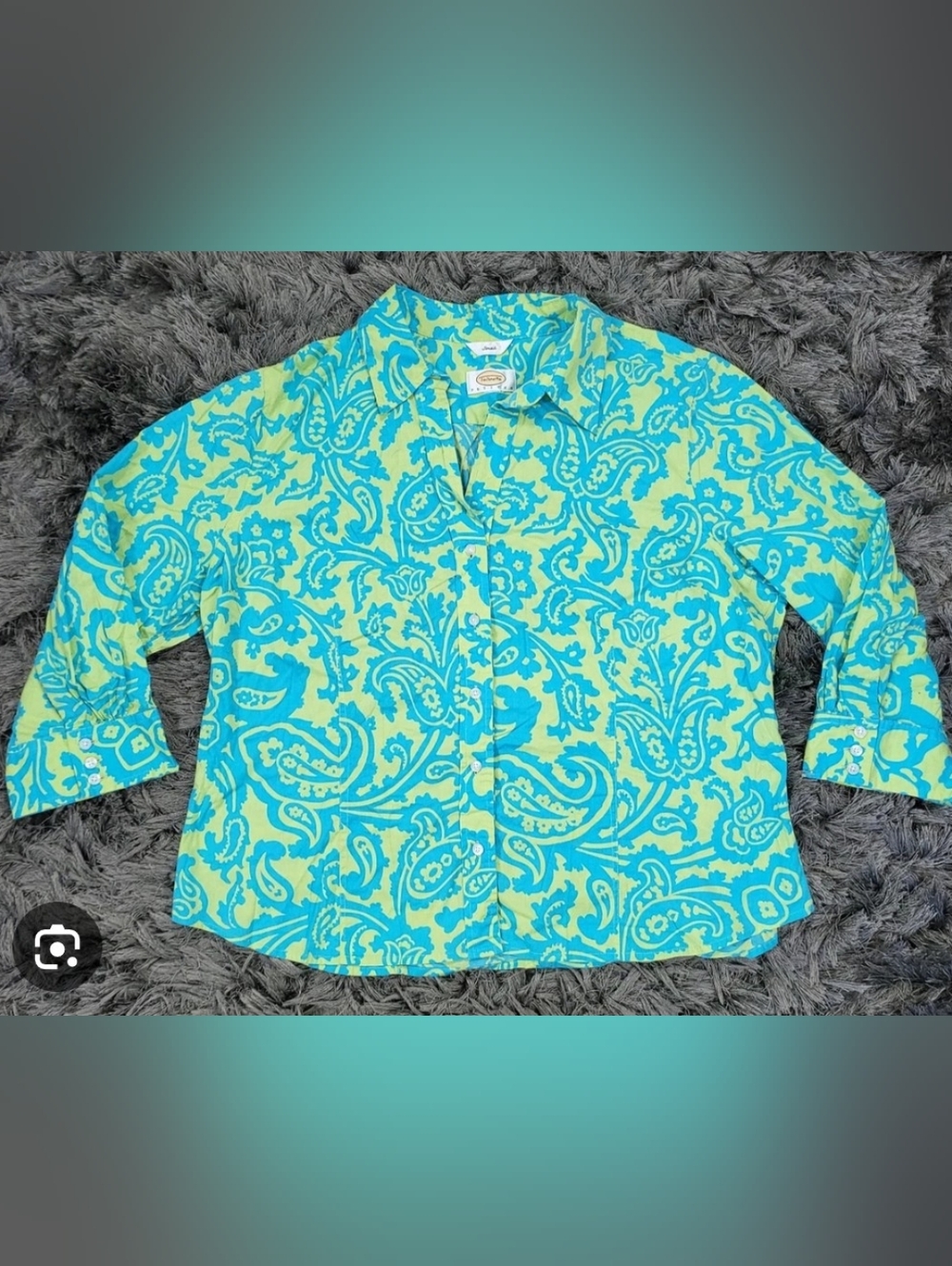 Talbots Petites Blue Green Teal Paisley 3/4 Sleeve Button Shirt, Size S